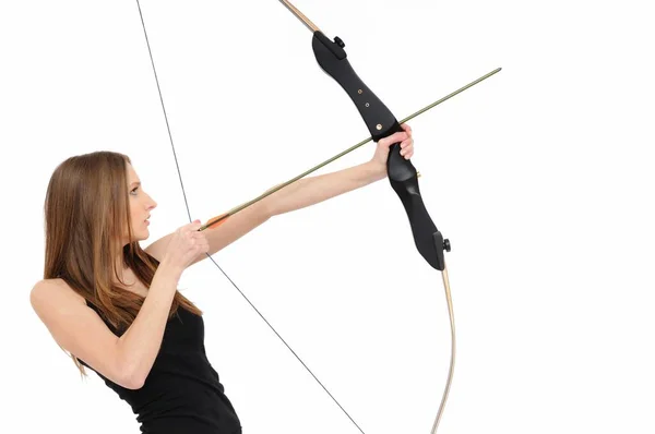 Beautiful Woman Aiming Bow Arrow — Stock Photo, Image