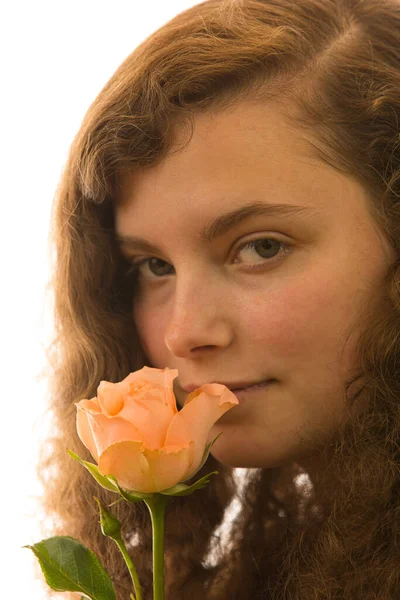 Young Pretty Woman Holding Rose Her Hand — Stock Photo, Image
