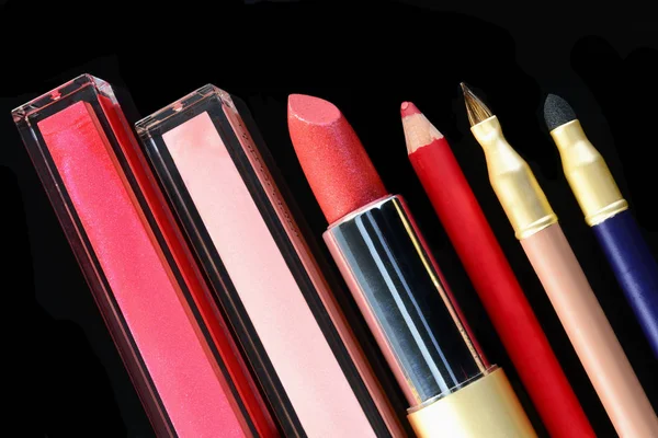 Set Cosmetische Producten Geïsoleerd Zwarte Achtergrond — Stockfoto