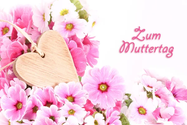 Wooden Heart Primroses Mother — Stock Photo, Image