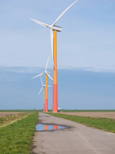 Farbenfrohe Windkraftanlage Flachen Poldergebiet Der Provinz Flevoland Den Niederlanden — Stockfoto