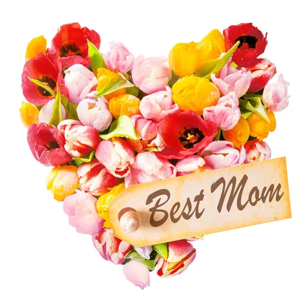 Приветствие День Матери Форме Сердца Расположением Красивых Разноцветных Свежих Тюльпанов — стоковое фото
