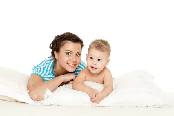 Young Mother Sweet Child Play White Background Happy Family — Stockfoto