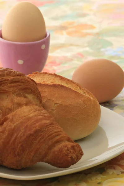 Section Breakfast Table Egg Rolls Croissants — Stock Photo, Image