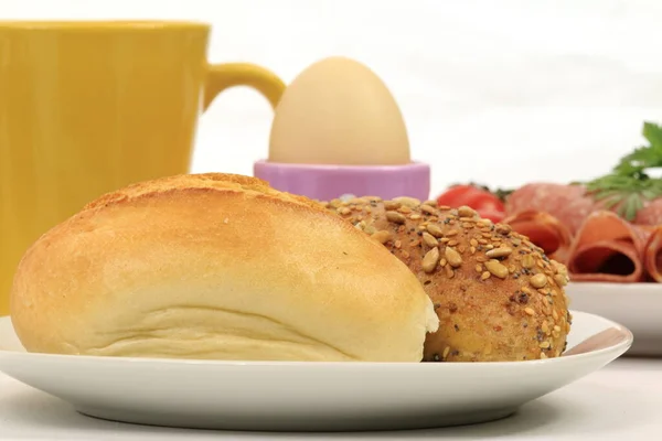 Detail Breakfast Table Rolls Cold Cuts Egg Coffee Cup — Stock Photo, Image