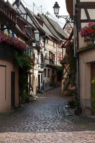 Ulice Poloroubenými Středověkými Domy Vesnici Eguisheim Podél Slavné Vinařské Stezky — Stock fotografie