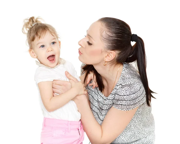 Mother Small Daughter White Background Happy Family — Stockfoto