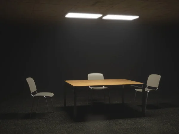 椅子とテーブル付きの暗い尋問室不穏な状況 — ストック写真