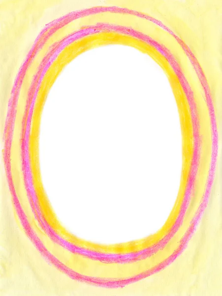 Oval shaped yellow frame painted with crayon and tempera