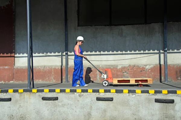 Imagen Una Mujer Trabajadora Carro Carga — Foto de Stock