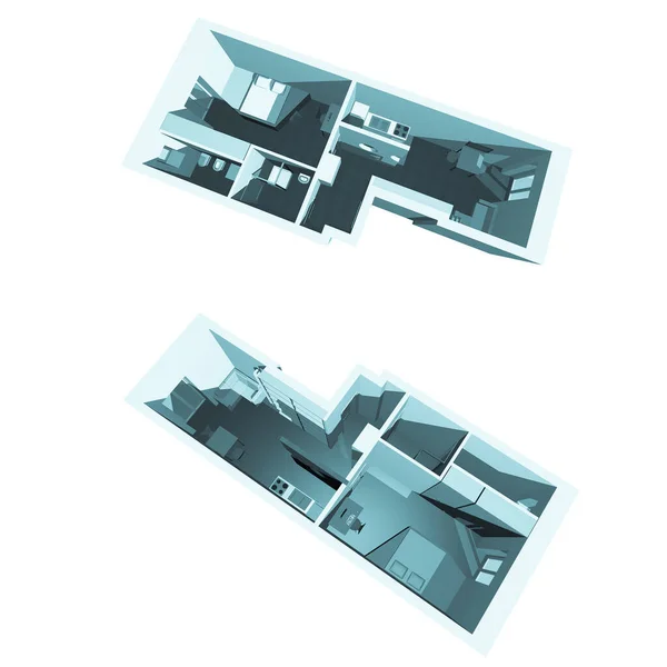 Modèle Intérieur Appartement Moderne Deux Vues Perspective Fond Blanc Cyanotype — Photo