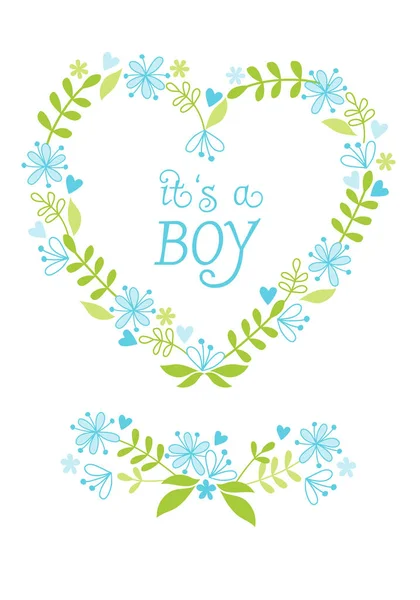 新しい赤ん坊の男の子 緑と青の花のハートフレーム — ストック写真