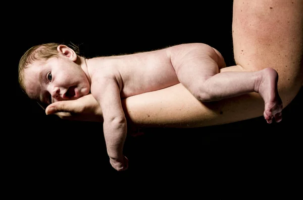 Small Newborn Baby Carried Her Mother Hand Looks Happy Isolated — Stock Photo, Image