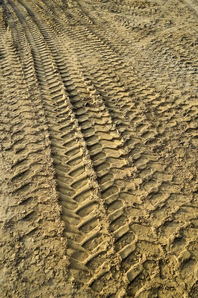 Faixas Pneus Areia Canteiro Obras — Fotografia de Stock