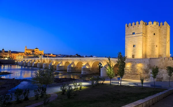 Stary Rzymski Most Wieża Calahora Nocy Kordoba Andaluzja Hiszpania — Zdjęcie stockowe