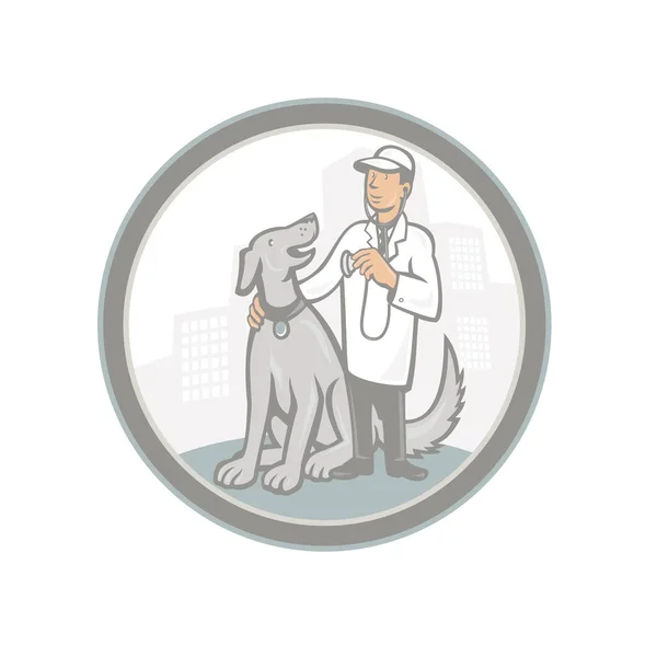 Illustration Veterinarian Holding Stethoscope Standing Pet Dog Buildings Background Set — Stock Photo, Image