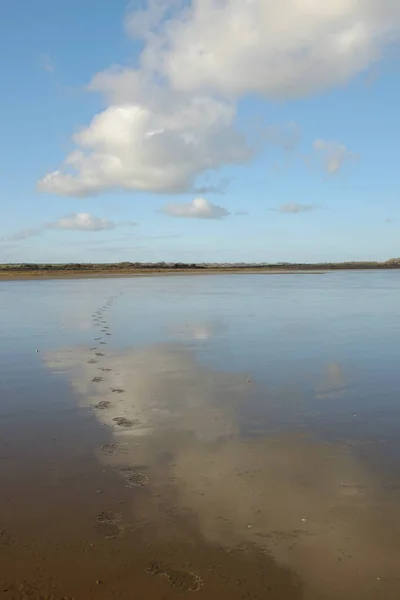 Footprints Lead Wet Sand Wet Beach Sky Reflected Water — Stock Photo, Image