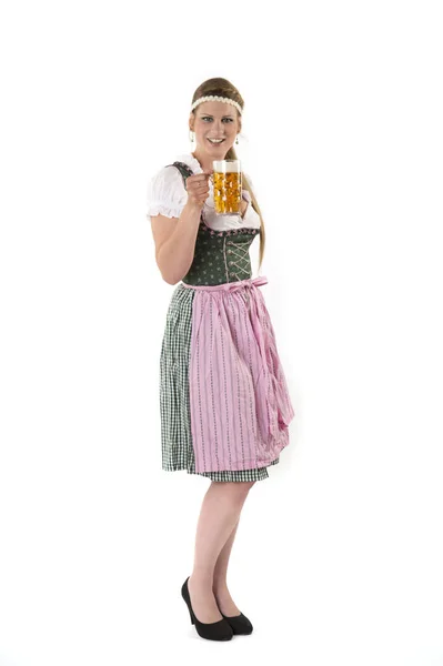 Krásná Oktoberfest Dívka Dirndl Drží Podnos Piva — Stock fotografie