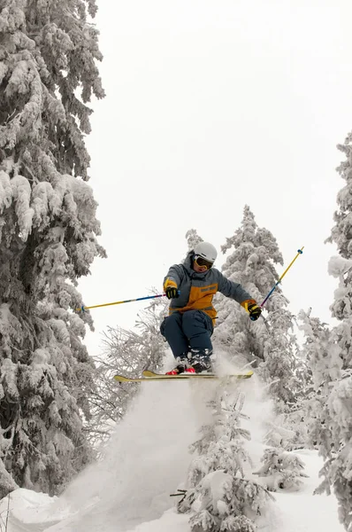 Freeride Skier Movendo Para Baixo Saltando Neve — Fotografia de Stock