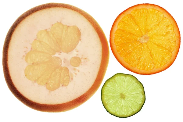 Pojedyncze Podświetlone Plastry Pomelo Pomarańczy Cytryny — Zdjęcie stockowe