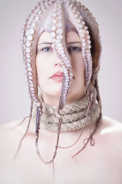 Woman Wearing Octopus Her Head Exempted White Background — Stock Photo, Image