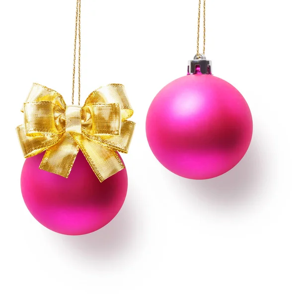 Twee Roze Kerstballen Versierd Met Gouden Strik Opknoping Lint — Stockfoto