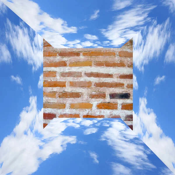 Blauwe Hemel Met Witte Wolken Driedimensionale Meting Rode Bakstenen Muur — Stockfoto