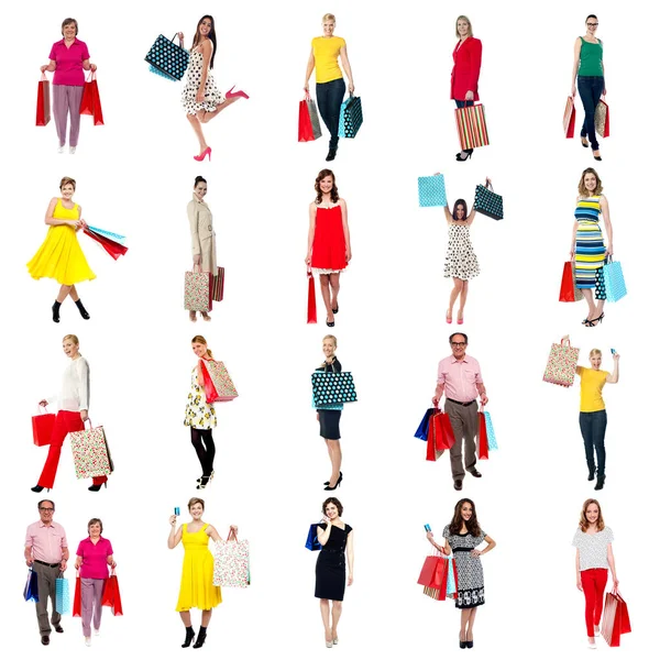 買い物の時間だ 活気のあるバッグを持つ男性と女性の買い物客のコラージュ — ストック写真