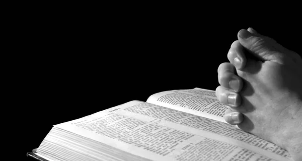 Mans Hands Clasped Prayer Bible — Stock Photo, Image