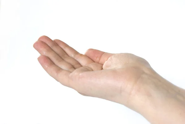Egy Kéz Alamizsnáért Könyörög Fehér Alapon — Stock Fotó