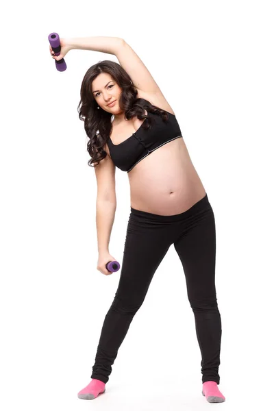 Die Aktive Schwangere Mit Hanteln Auf Weißem Hintergrund Gesundheitsfürsorge Und — Stockfoto