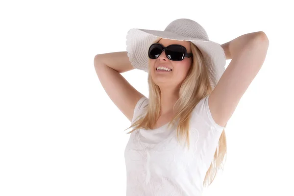 Mulher Com Chapéu Óculos Sol Isolado — Fotografia de Stock