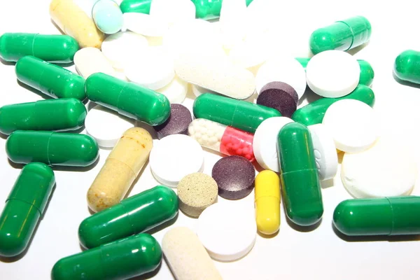 Sortiment Piller Tabletter Och Kapslar Vit Bakgrund — Stockfoto