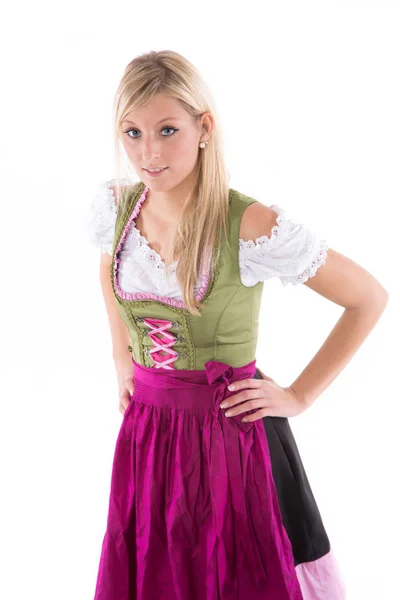 Frau Dirndl Drückt Sich Die Hände Die Hüften — Stockfoto