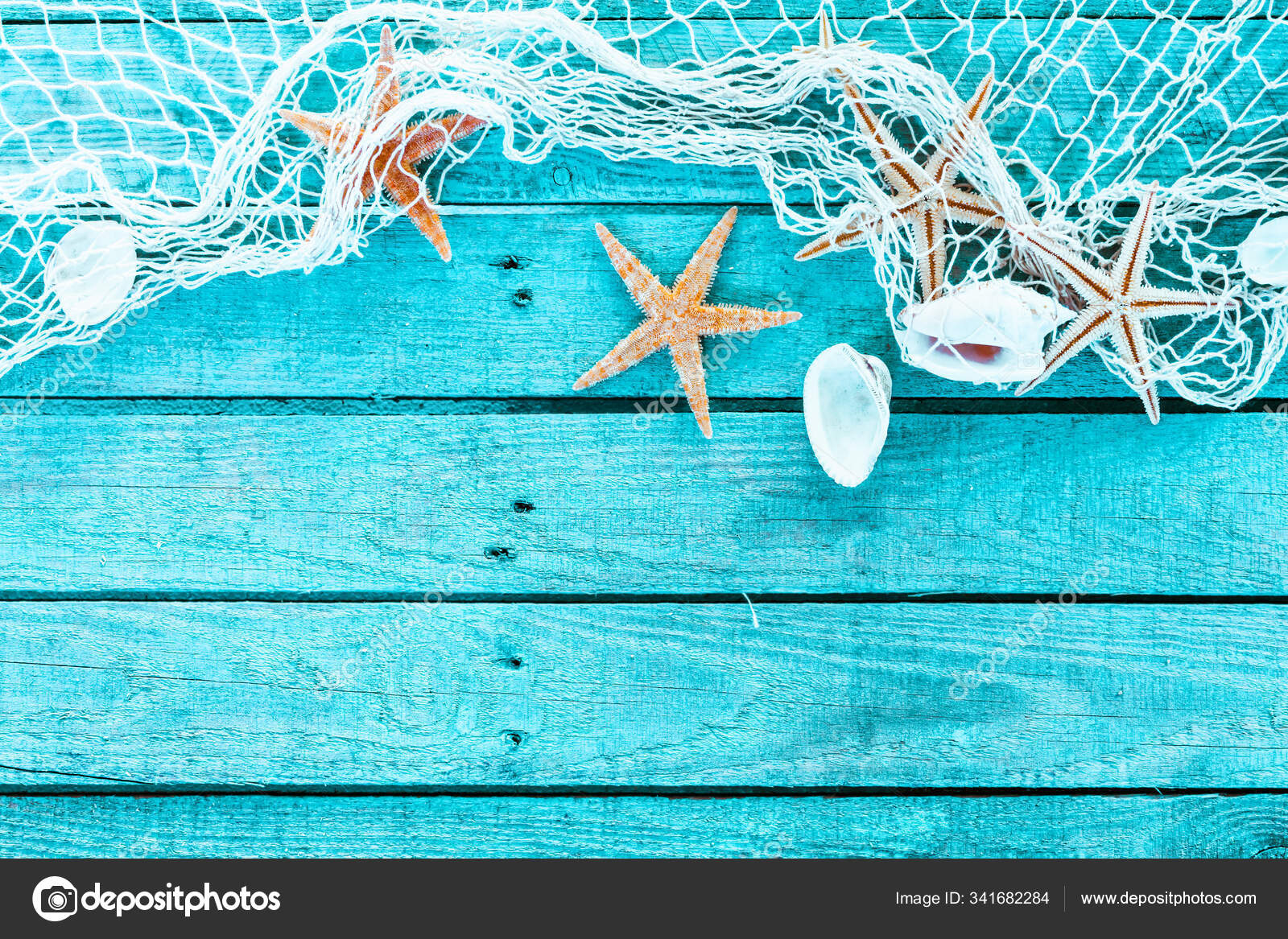 Blue nautical background with sea shells, starfishes and fishing