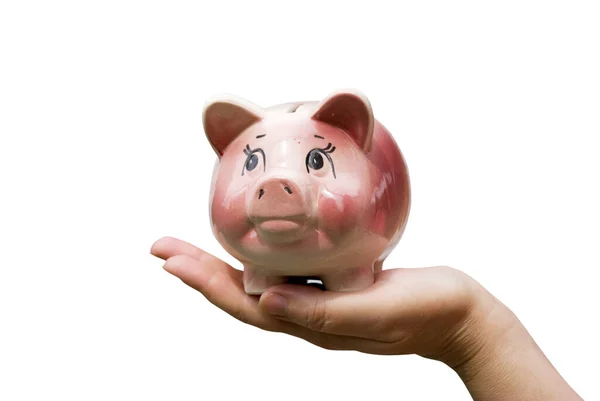 Geld Besparen Vrouw Handen Met Piggy Bank — Stockfoto