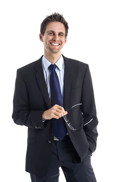Erfolgreicher Geschäftsmann Mit Brille Der Hand — Stockfoto