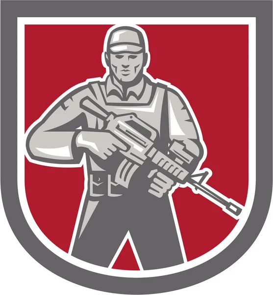 Illustration Soldier Serviceman Assault Rifle Facing Front Set Shield Crest — Stock Photo, Image