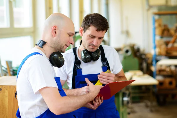 Two Worker Blue Dungarees Carpenter Workshop — Stock Photo, Image