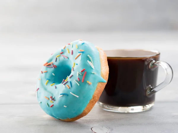 Blue Donut Coffee Gray Wooden Background Copy Space Glazed Doughnut — Stock Photo, Image