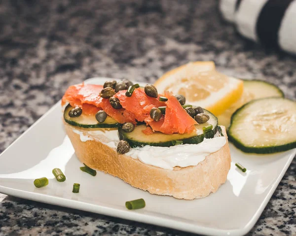 Finger Sandwich Smoked Salmon Cream Cheese Capers Sliced Cucumber Included — Stock Photo, Image