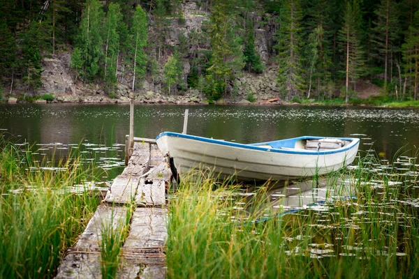 Mała Łódź Idyllicznym Jeziorze Norwegia — Zdjęcie stockowe