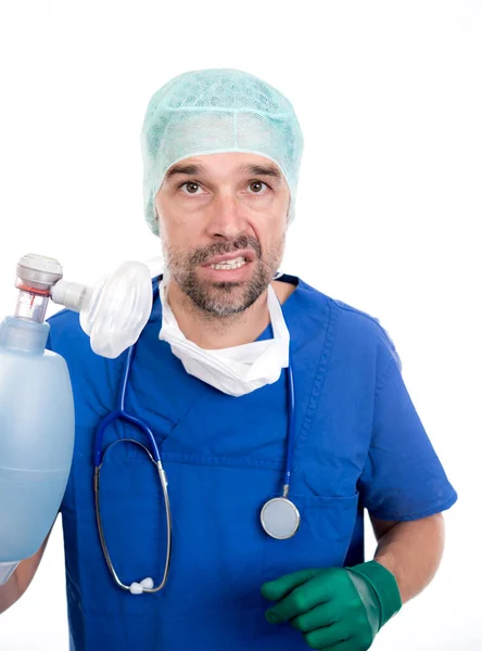 Angry Anesthetist Resuscitation Bag Front White Background — Stock Photo, Image