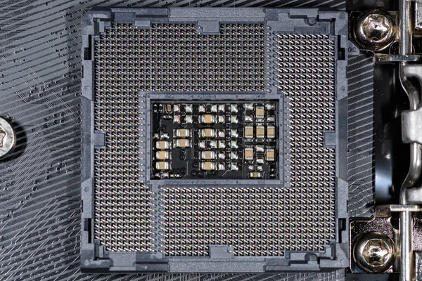 Zavřít Cpu Socket Moderního Počítače Základní Desky Zobrazující Extrémní Malé — Stock fotografie