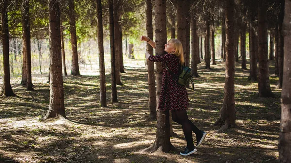 Walk girl coniferous forest park. blond woman with rucksack dressed summer dress, black pantyhose and sneakers with white sole, resting nature enjoying warm sunny afternoon. Stand near tree, hugging