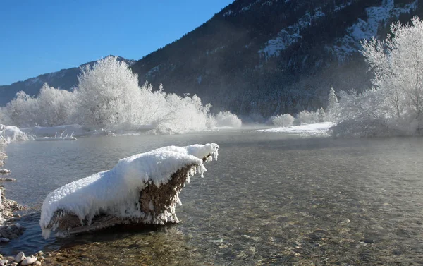 Rivière Isar Bavière Glace Neige Fissure Frontale Forêt Conte Fées — Photo