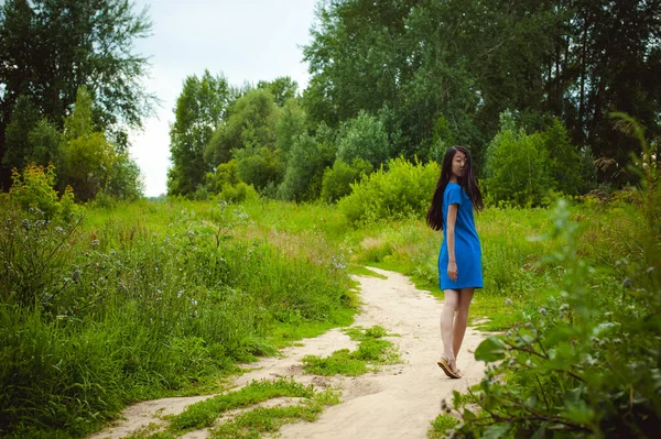 Молода Азіатка Одягнена Синю Сукню Довгим Темним Волоссям Прогулюючись Природній — стокове фото