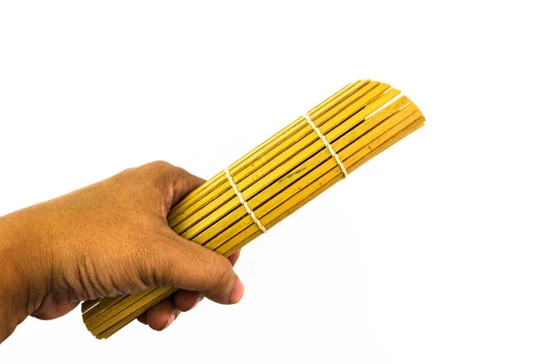 Rullade Trä Bambu Med Mantel Japansk Stil Man Hand Isolerad — Stockfoto