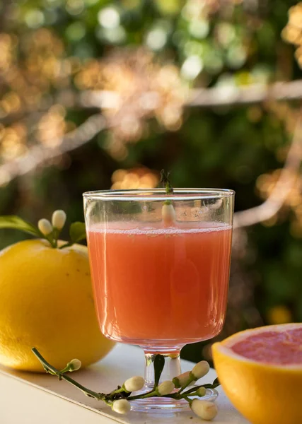 Sklenice Čerstvě Vymačkaného Grapefruitového Džusu Grapefruitu Balkóně — Stock fotografie
