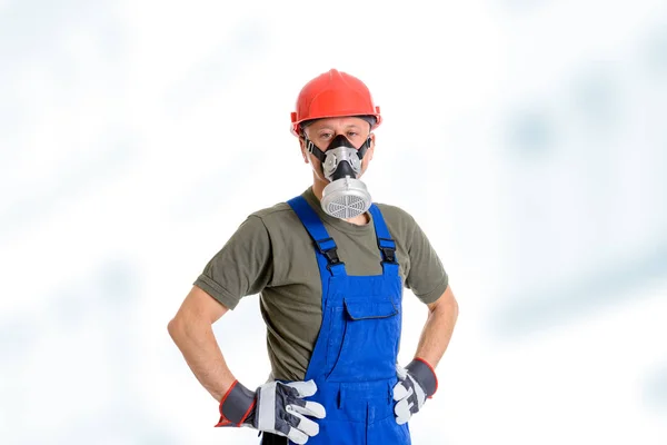 Young Workman Red Hard Top Protecting Mask Stock Photo